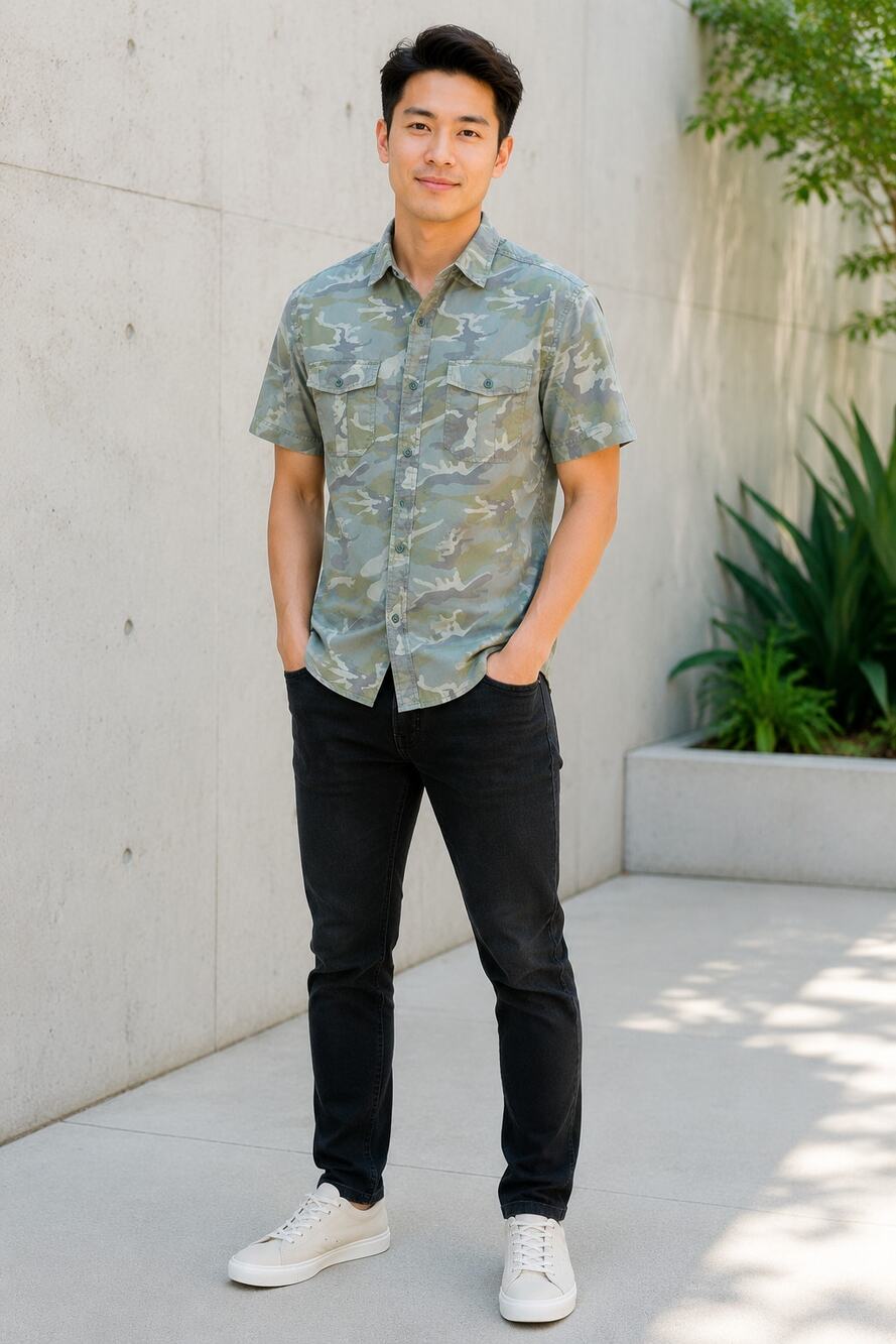 Old Navy Men M Slim Fit Camo Short Sleeve Cotton Utility Button Up Shirt